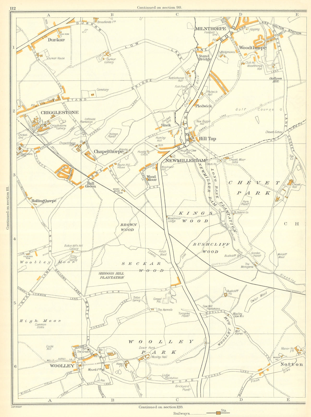 CRIGGLESTONE Woolley Durkar Newmillerdam Chapelthorpe Milnthorpe 1935 old map